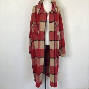 Women’s Fall Cozy Apple Red Tan Plaid Lapel Collar Button-up Long Shacket 2XL